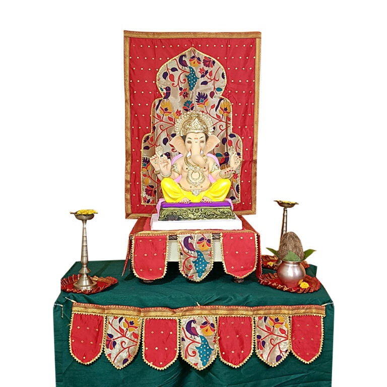 Paithani Temple Decoration Combo Set for Ganesh Chaturthi (Red Theme – 7 Items + Free Samai Asan)