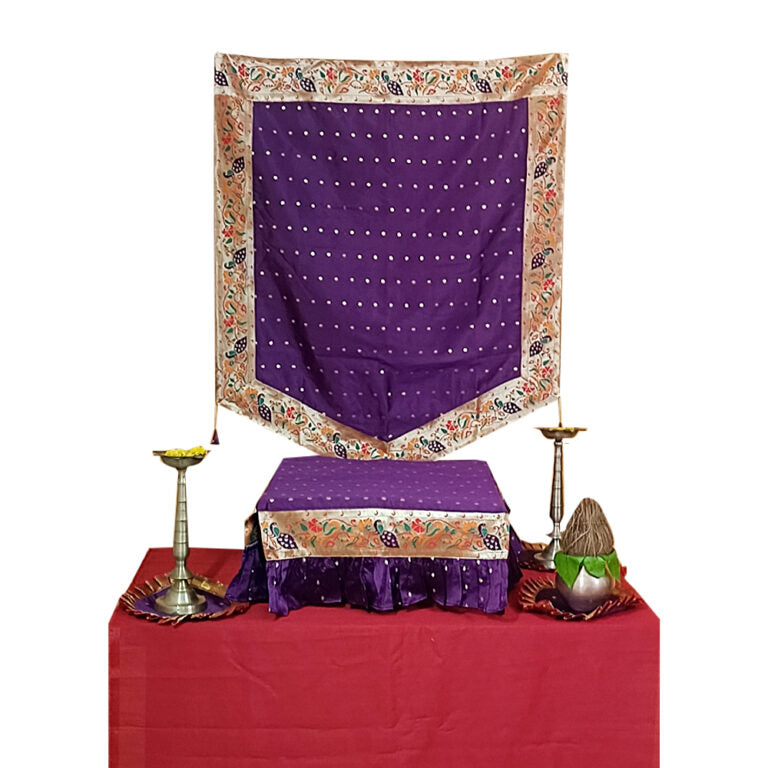 Paithani Side Pattern Temple Decoration Combo Set for Ganesh Chaturthi (Purple Wine Theme – 5 Items + Free Samai Asan)