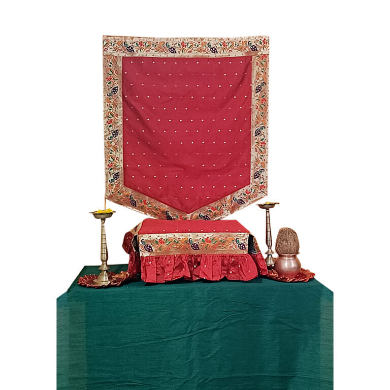 Paithani Side Pattern Temple Decoration Combo Set for Ganesh Chaturthi (Maroon Theme – 5 Items + Free Samai Asan)