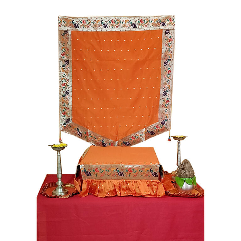 Paithani Side Pattern Temple Decoration Combo Set for Ganesh Chaturthi (Orange Theme – 5 Items + Free Samai Asan)