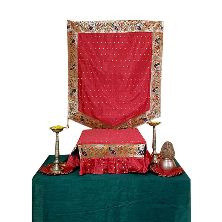 Paithani Side Pattern Temple Decoration Combo Set for Ganesh Chaturthi (Red Theme – 5 Items + Free Samai Asan)