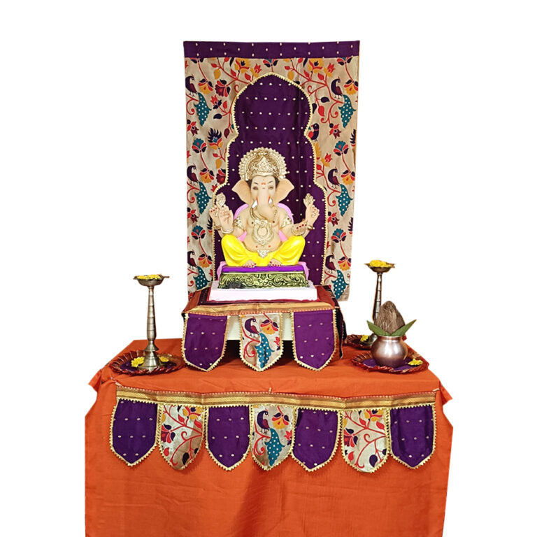 Ganesh Chaturthi Paithani Ganpati Decoration Combo Set – Purple Theme (7 Items + Free Samai Asan)