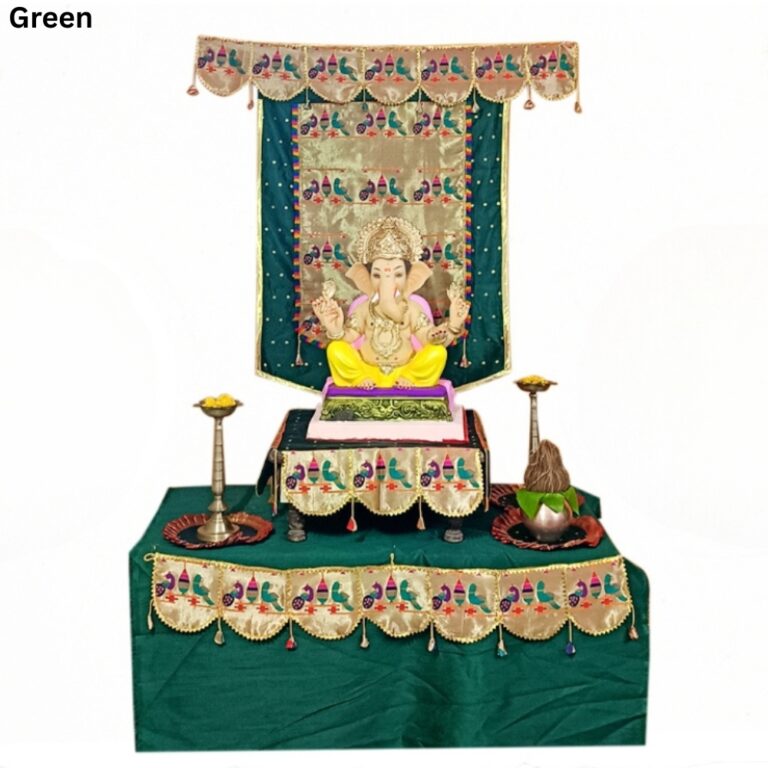 Paithani Parrot-Peacock Ganpati Decoration Combo Set for Ganesh Chaturthi (Green Theme – 7 Items + Free Samai Asan)
