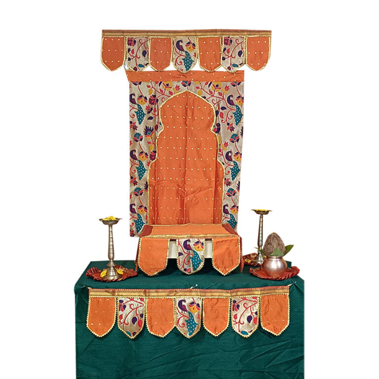 Ganesh Chaturthi Paithani Ganpati Decoration Combo Set – Orange Theme (7 Items + Free Samai Asan)