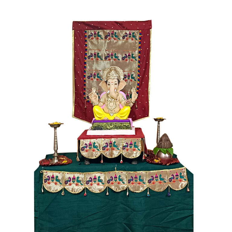 Paithani Parrot-Peacock Ganpati Decoration Combo Set for Ganesh Chaturthi (Maroon Theme – 7 Items + Free Samai Asan)