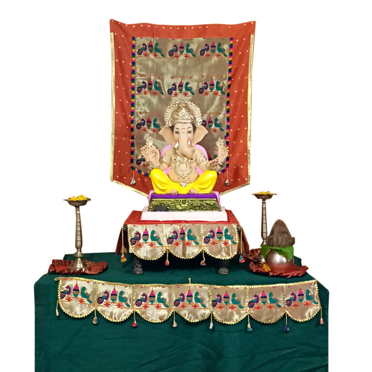Paithani Parrot-Peacock Ganpati Decoration Combo Set for Ganesh Chaturthi (Orange Theme – 7 Items + Free Samai Asan)