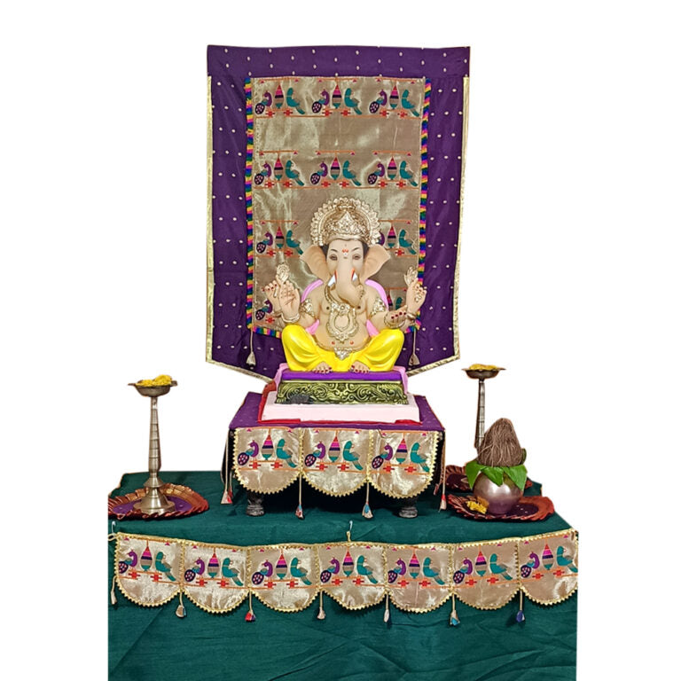 Paithani Parrot-Peacock Ganpati Decoration Combo Set for Ganesh Chaturthi (Purple Theme – 7 Items + Free Samai Asan)