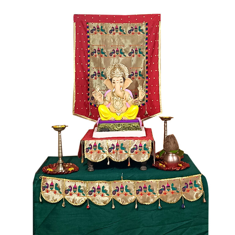 Paithani Parrot-Peacock Ganpati Decoration Combo Set for Ganesh Chaturthi (Red Theme – 7 Items + Free Samai Asan)