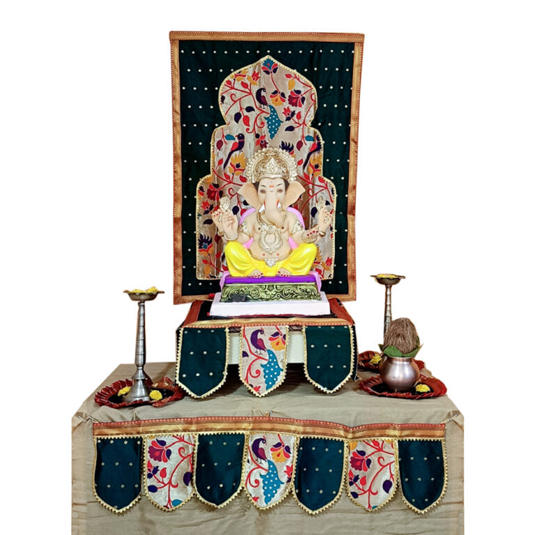 Paithani Temple Decoration Combo Set for Ganesh Chaturthi (Green Theme – 7 Items + Free Samai Asan)