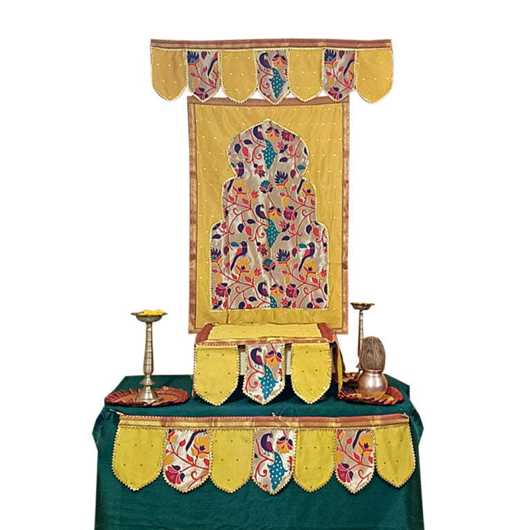 Paithani Temple Decoration Combo Set for Ganesh Chaturthi (Mango Theme – 7 Items + Free Samai Asan)