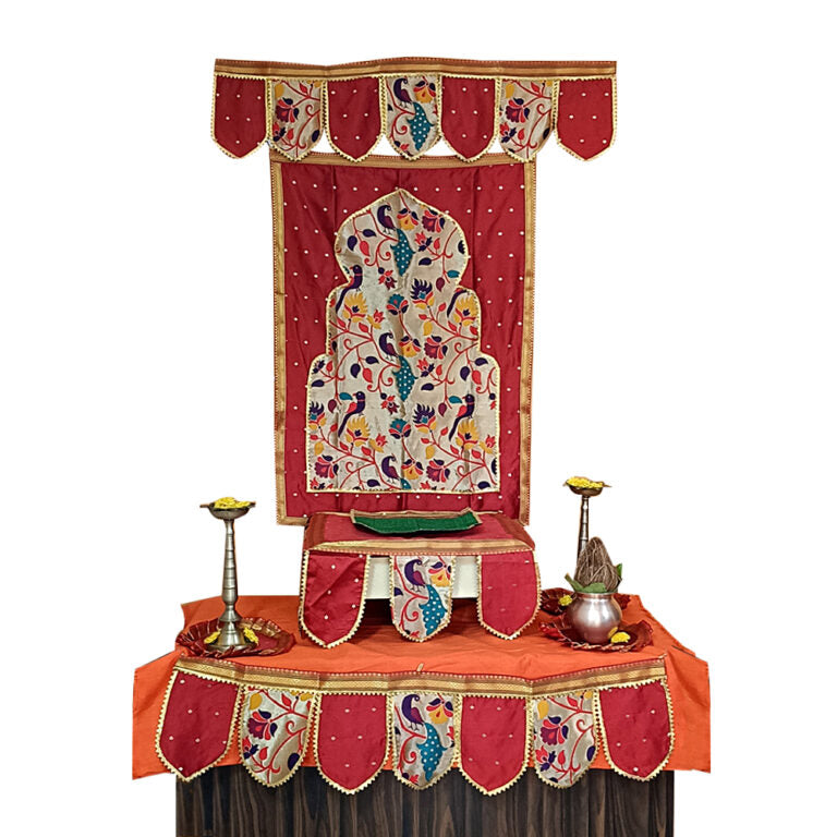 Paithani Temple Decoration Combo Set for Ganesh Chaturthi (Maroon Theme – 7 Items + Free Samai Asan)