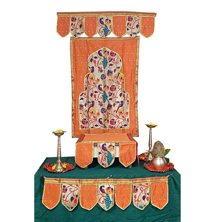 Paithani Temple Decoration Combo Set for Ganesh Chaturthi (Orange Theme – 7 Items + Free Samai Asan)