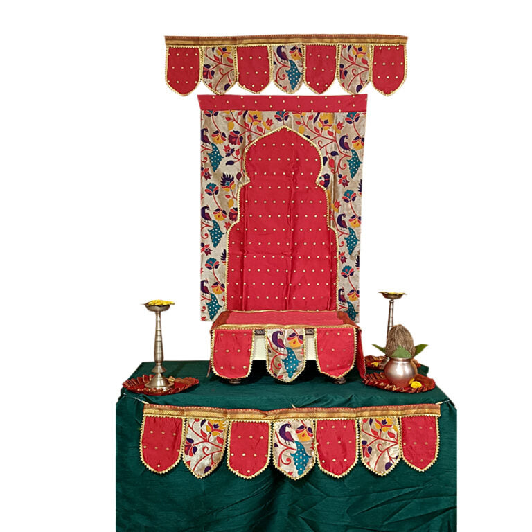 Ganesh Chaturthi Paithani Ganpati Decoration Combo Set – Red Theme (7 Items + Free Samai Asan)