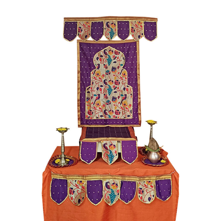 Paithani Temple Decoration Combo Set for Ganesh Chaturthi (Purple Theme – 7 Items + Free Samai Asan)