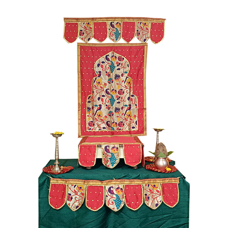 Paithani Temple Decoration Combo Set for Ganesh Chaturthi (Red Theme – 7 Items + Free Samai Asan)