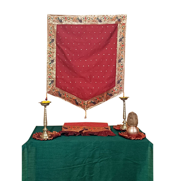 Paithani Side Pattern Temple Decoration Combo Set for Ganesh Chaturthi (Maroon Theme – 5 Items + Free Samai Asan)