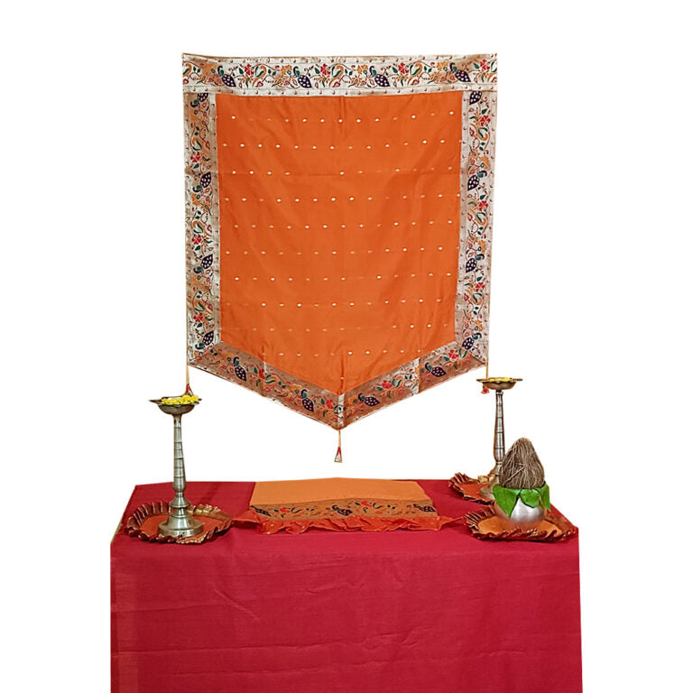 Paithani Side Pattern Temple Decoration Combo Set for Ganesh Chaturthi (Orange Theme – 5 Items + Free Samai Asan)
