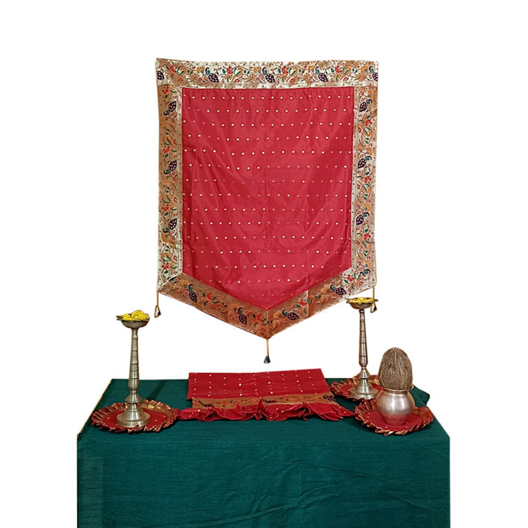 Paithani Side Pattern Temple Decoration Combo Set for Ganesh Chaturthi (Red Theme – 5 Items + Free Samai Asan)