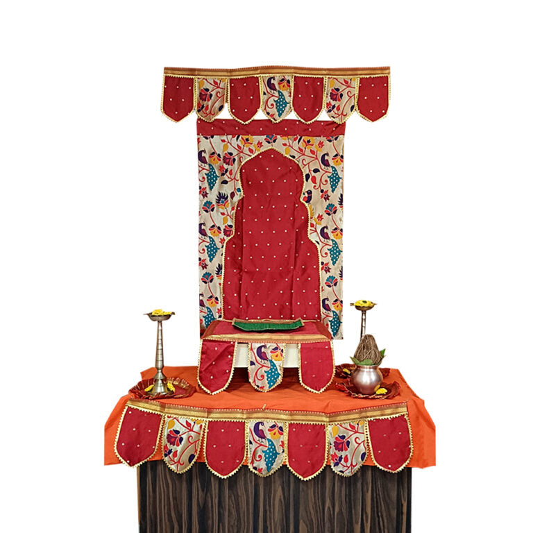 Ganesh Chaturthi Paithani Ganpati Decoration Combo Set – Maroon Theme (7 Items + Free Samai Asan)