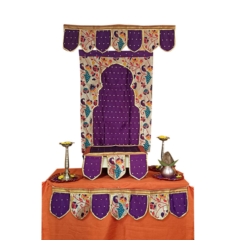 Ganesh Chaturthi Paithani Ganpati Decoration Combo Set – Purple Theme (7 Items + Free Samai Asan)