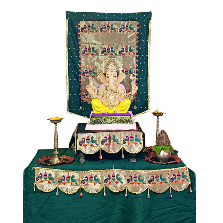 Paithani Parrot-Peacock Ganpati Decoration Combo Set for Ganesh Chaturthi (Green Theme – 7 Items + Free Samai Asan)