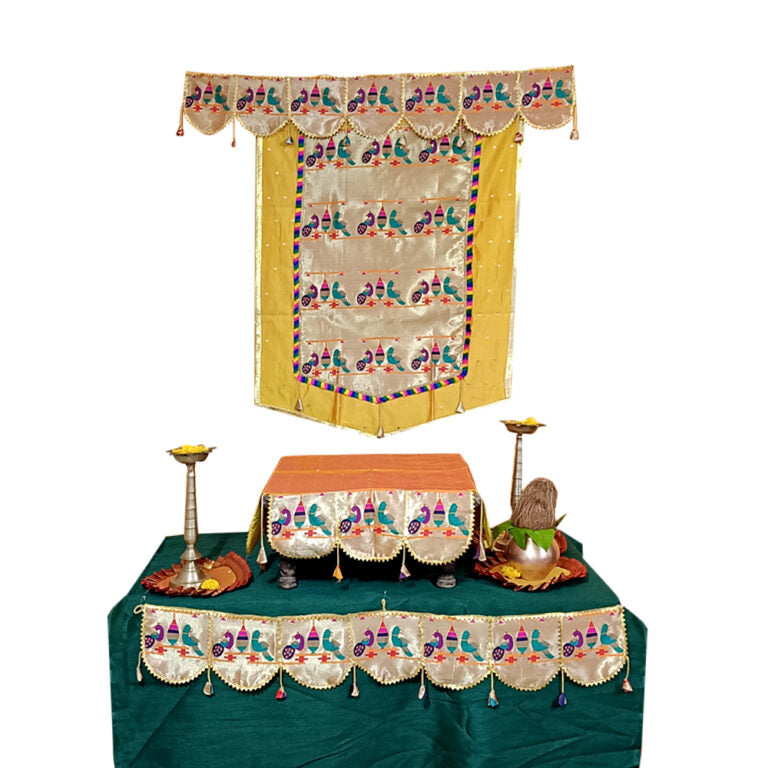 Paithani Parrot-Peacock Ganpati Decoration Combo Set for Ganesh Chaturthi (Mango Theme – 7 Items + Free Samai Asan)