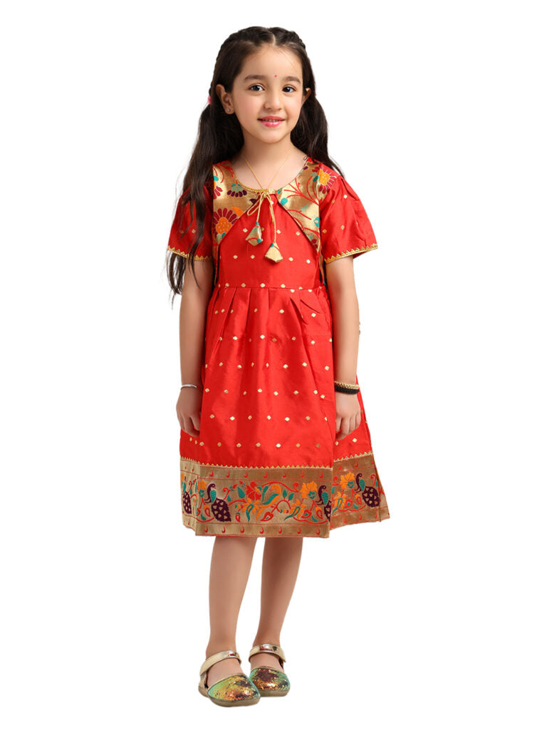 Paithani Baby Girl Frock – Red Silk with Multicolor Zari Border & Brocade Yoke – Indu Pattern