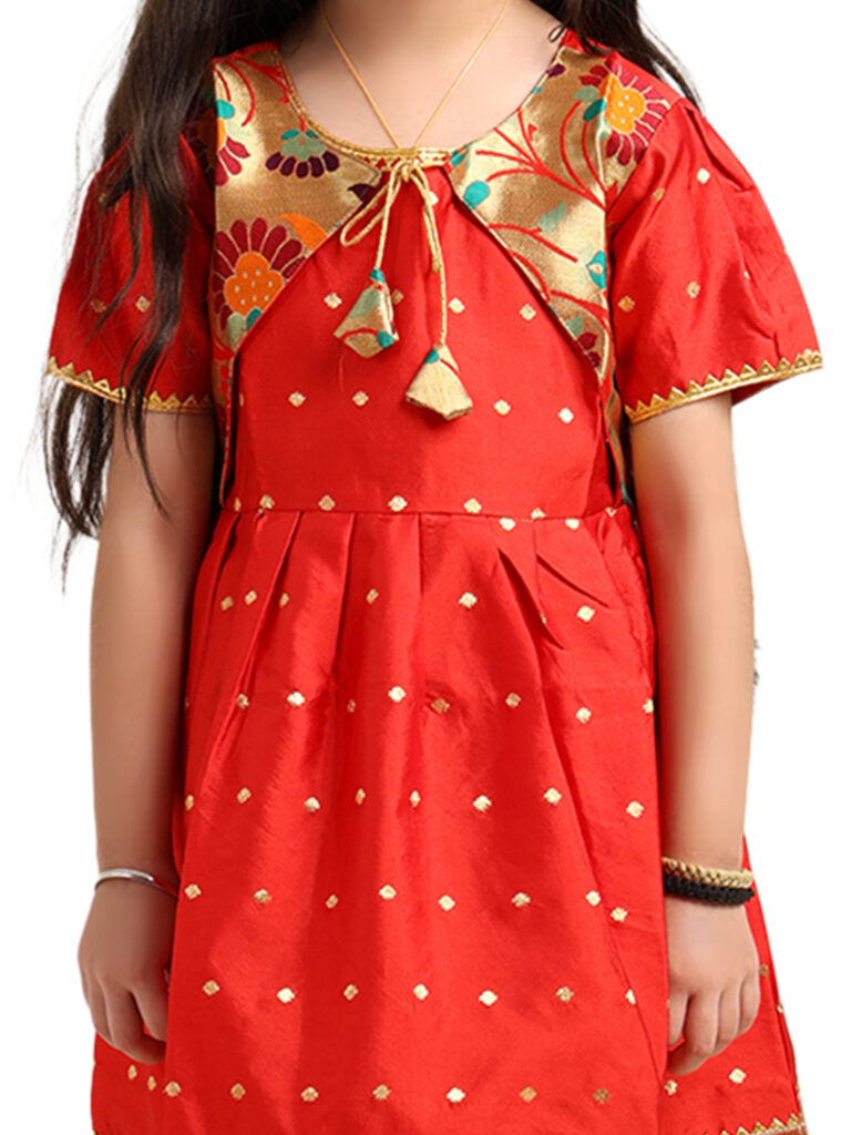 Paithani Baby Girl Frock – Red Silk with Multicolor Zari Border & Brocade Yoke – Indu Pattern