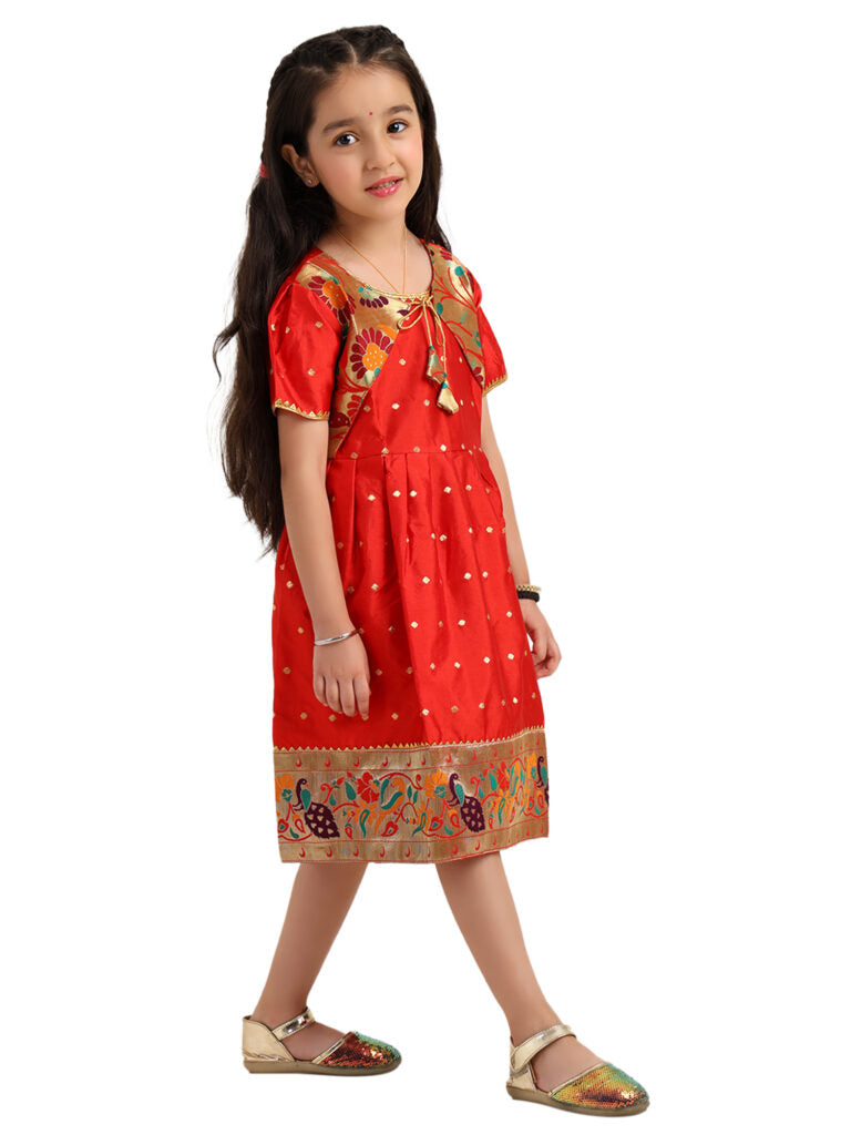 Paithani Baby Girl Frock – Red Silk with Multicolor Zari Border & Brocade Yoke – Indu Pattern