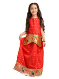 Paithani Baby Girl Lehenga Set – Red Silk with Brocade Peplum Top & Zari Peacock Border – Gita Pattern