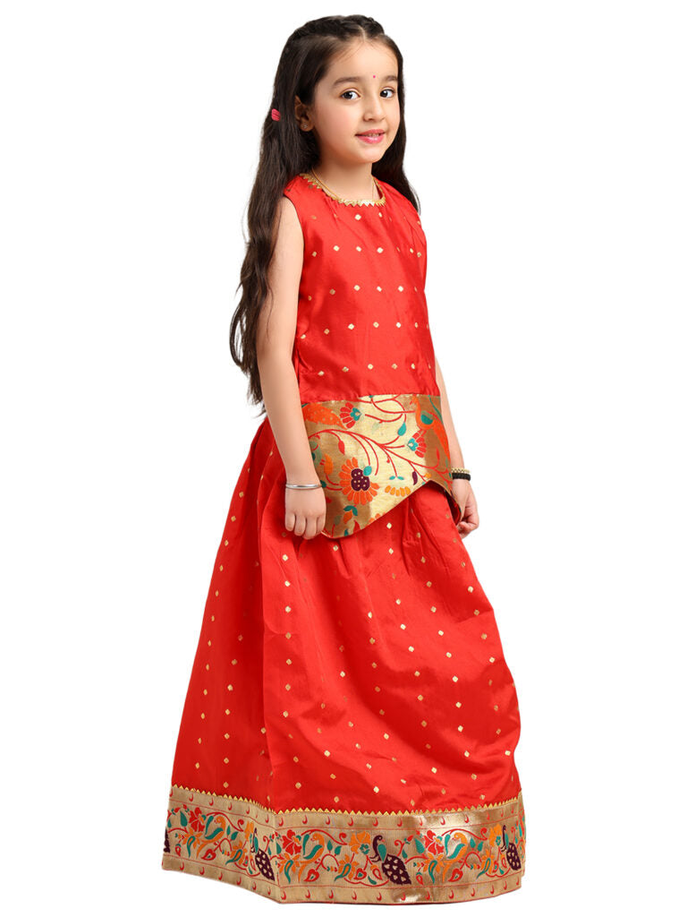 Paithani Baby Girl Lehenga Set – Red Silk with Brocade Peplum Top & Zari Peacock Border – Gita Pattern