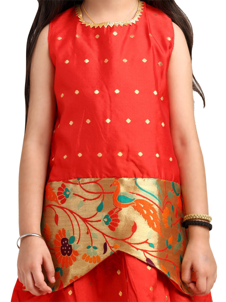 Paithani Baby Girl Lehenga Set – Red Silk with Brocade Peplum Top & Zari Peacock Border – Gita Pattern