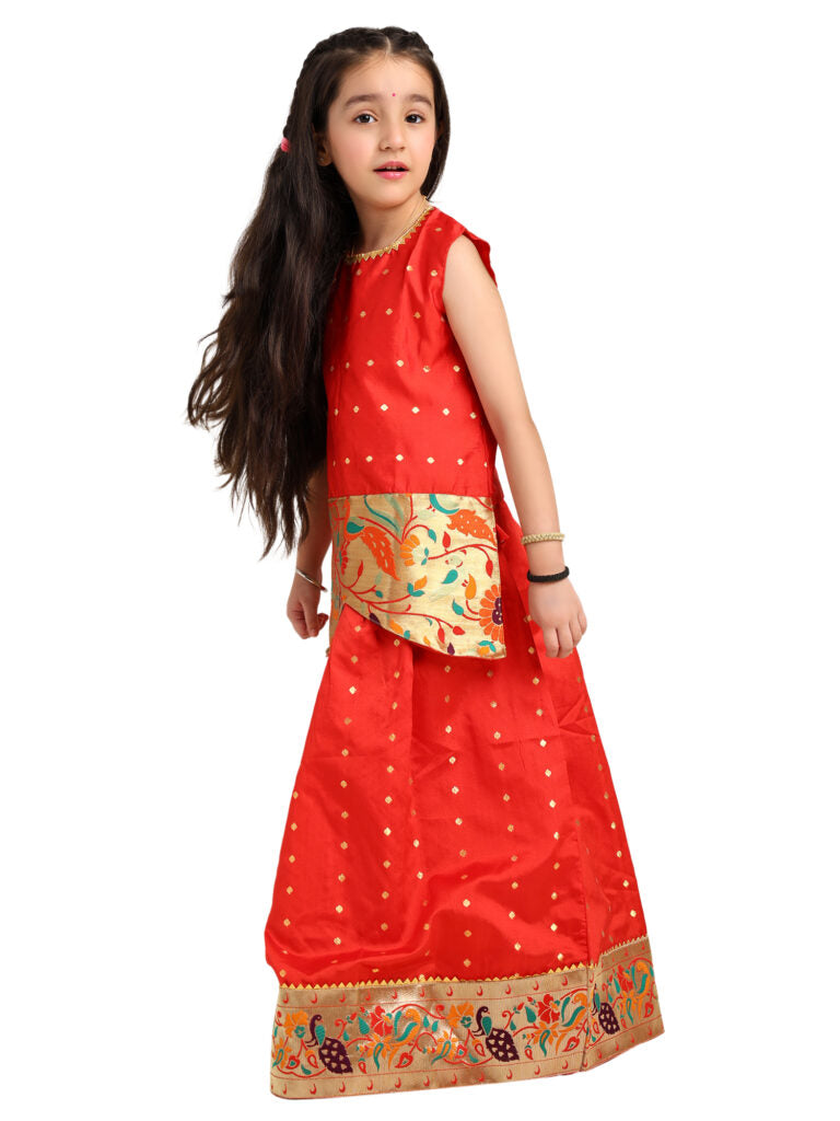 Paithani Baby Girl Lehenga Set – Red Silk with Brocade Peplum Top & Zari Peacock Border – Gita Pattern