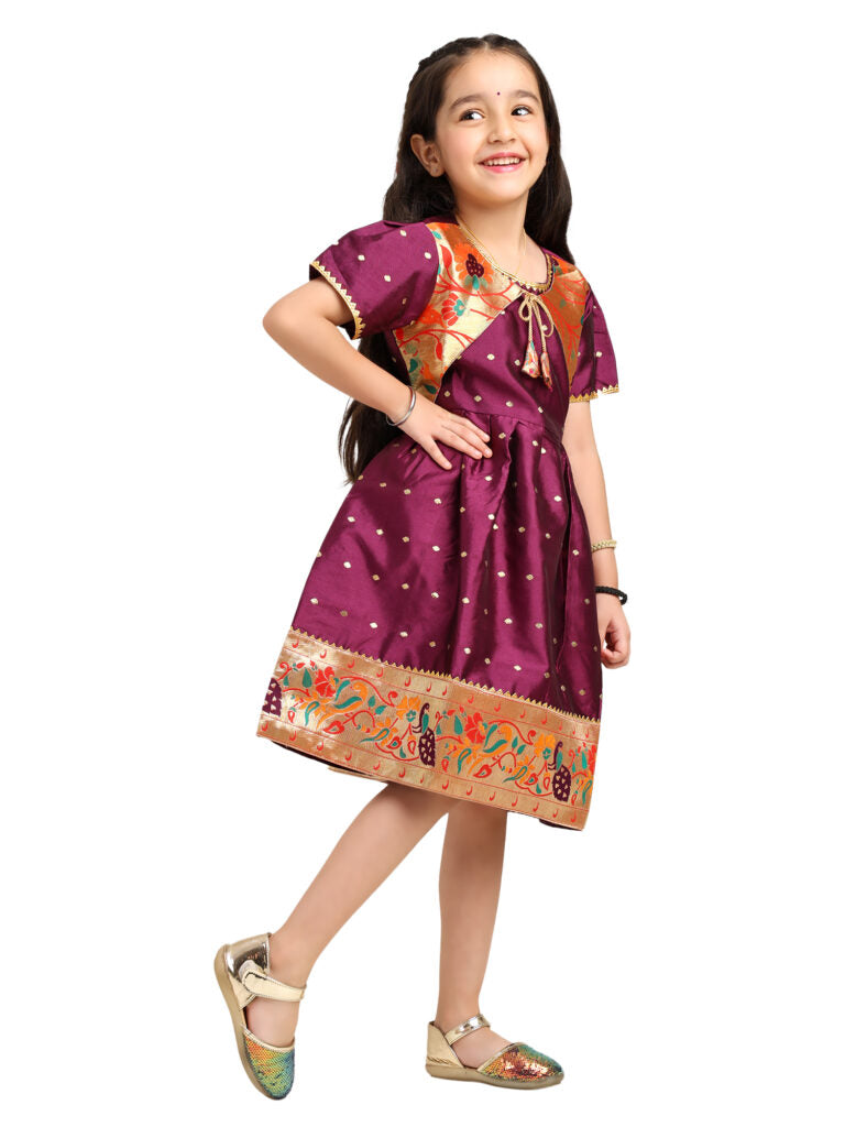 Paithani Baby Girl Frock – Purple Wine Silk-Indu Pattern
