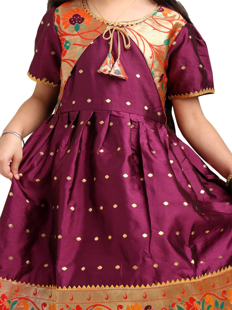 Paithani Baby Girl Frock – Purple Wine Silk-Indu Pattern