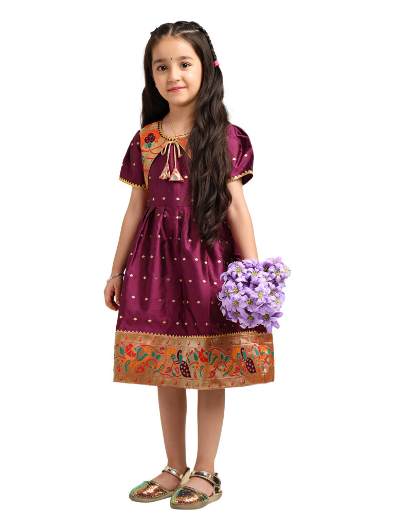 Paithani Baby Girl Frock – Purple Wine Silk-Indu Pattern