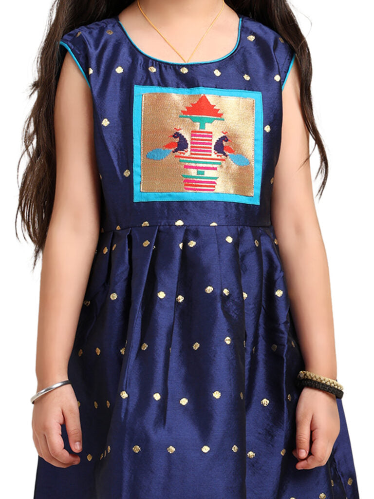 Paithani Baby Girl Frock – Navy Blue Silk with Temple Motif Design & Zari Border – Diamond Pattern
