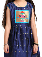 Paithani Baby Girl Frock – Navy Blue Silk with Temple Motif Design & Zari Border – Diamond Pattern