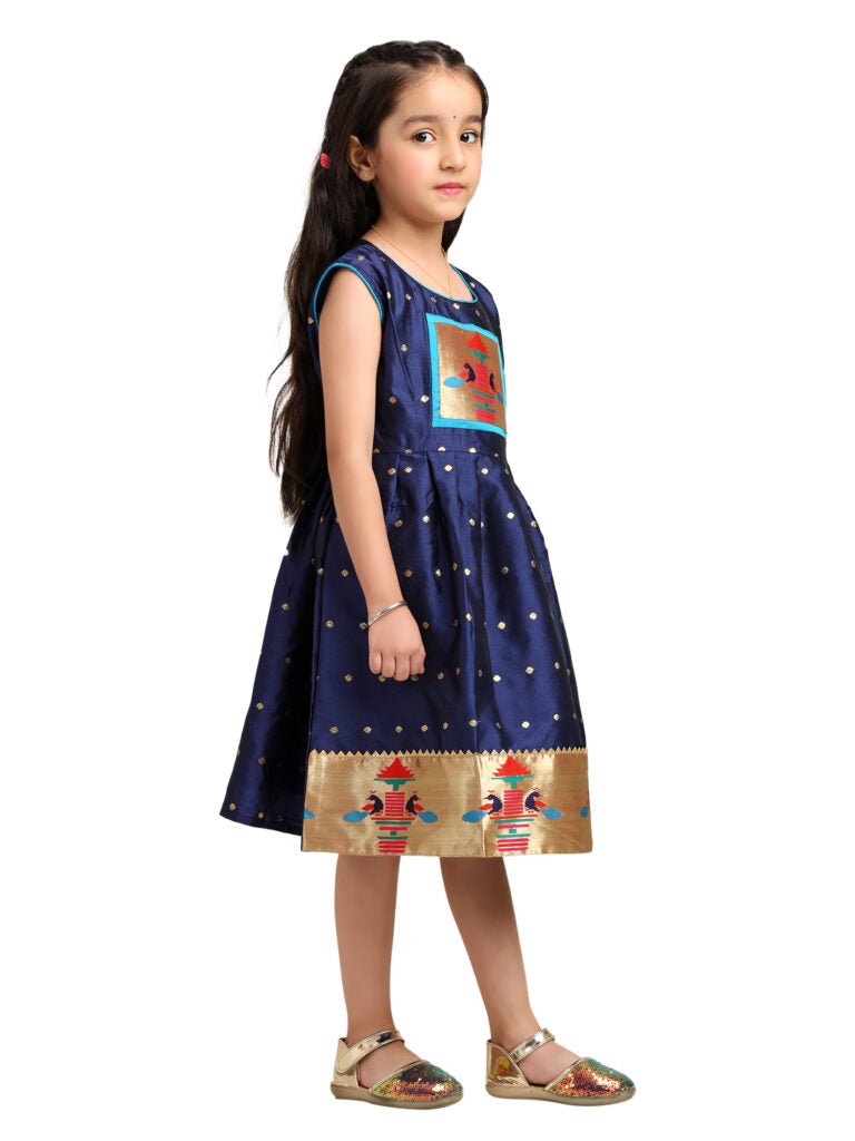 Paithani Baby Girl Frock – Navy Blue Silk with Temple Motif Design & Zari Border – Diamond Pattern