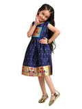 Paithani Baby Girl Frock – Navy Blue Silk with Temple Motif Design & Zari Border – Diamond Pattern
