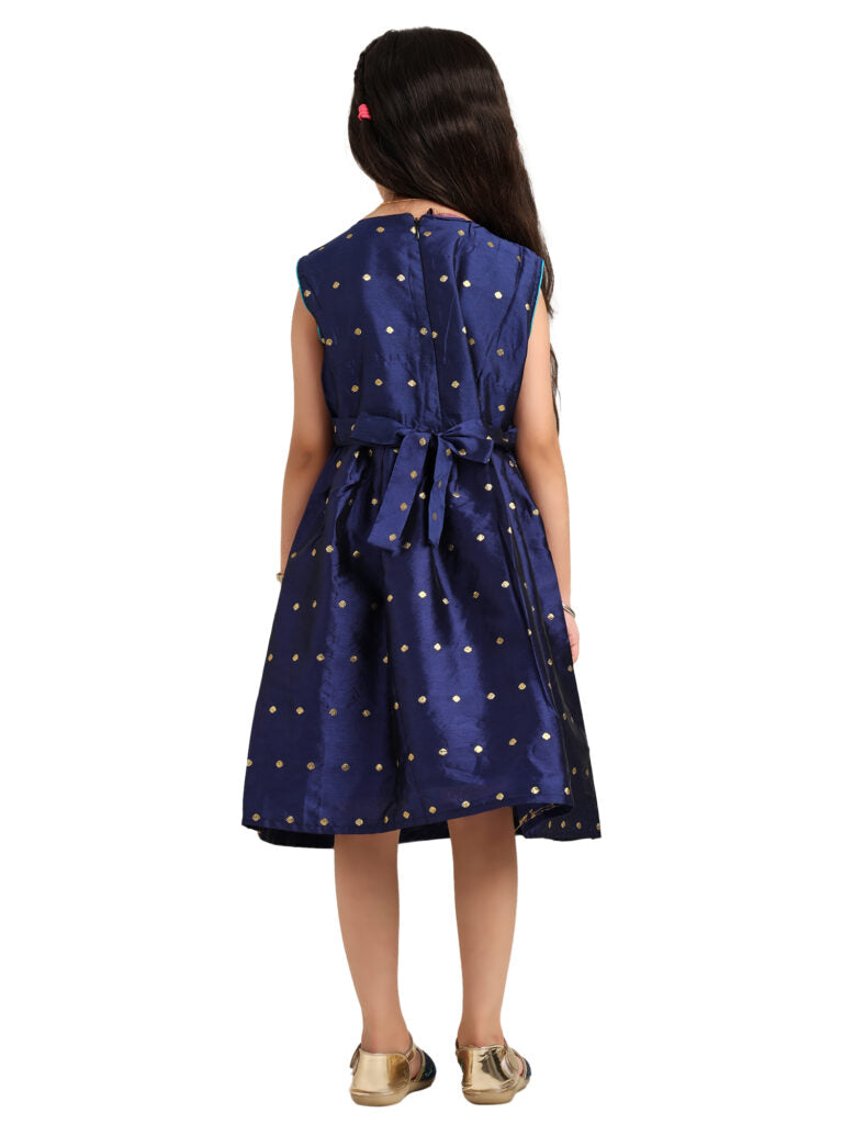 Paithani Baby Girl Frock – Navy Blue Silk with Temple Motif Design & Zari Border – Diamond Pattern