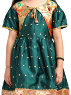 Paithani Baby Girl Frock – Green Silk with Brocade Yoke & Peacock Zari Border – Indu Pattern