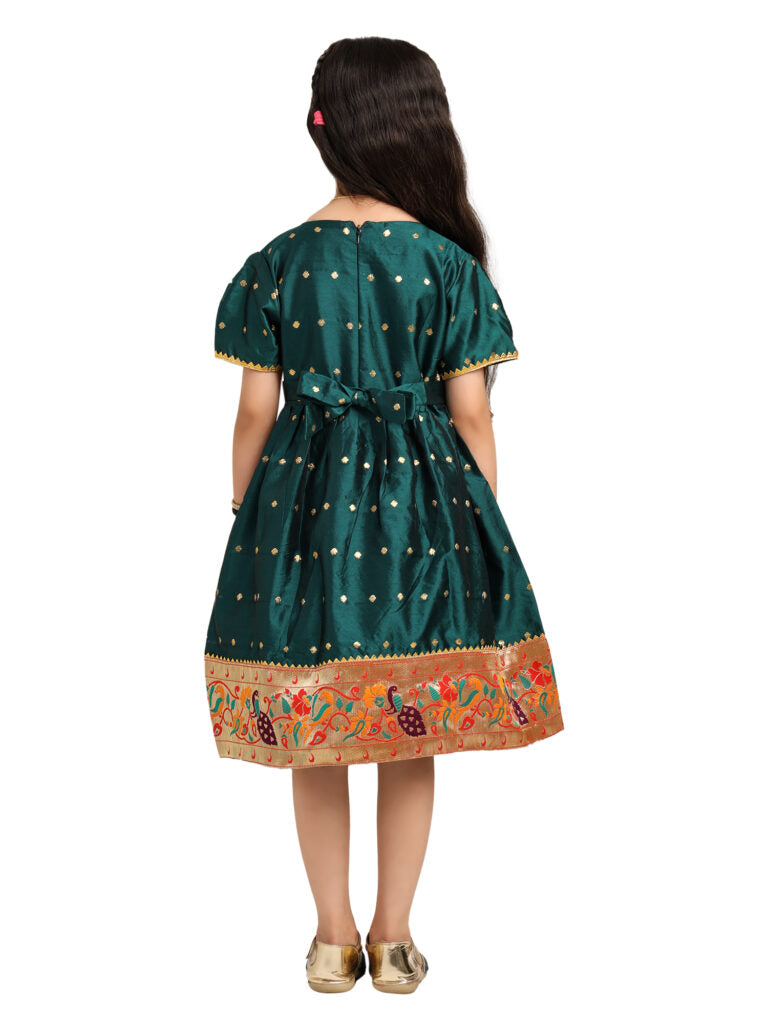 Paithani Baby Girl Frock – Green Silk with Brocade Yoke & Peacock Zari Border – Indu Pattern