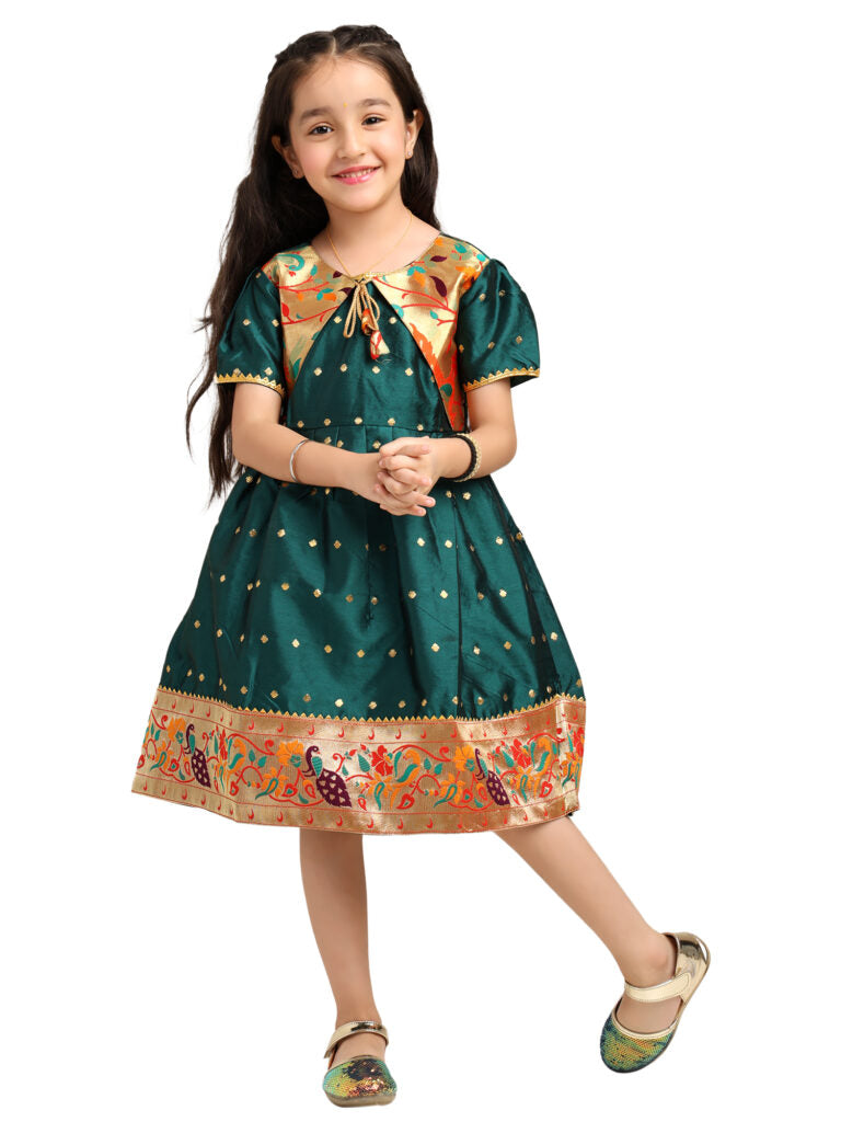 Paithani Baby Girl Frock – Green Silk with Brocade Yoke & Peacock Zari Border – Indu Pattern