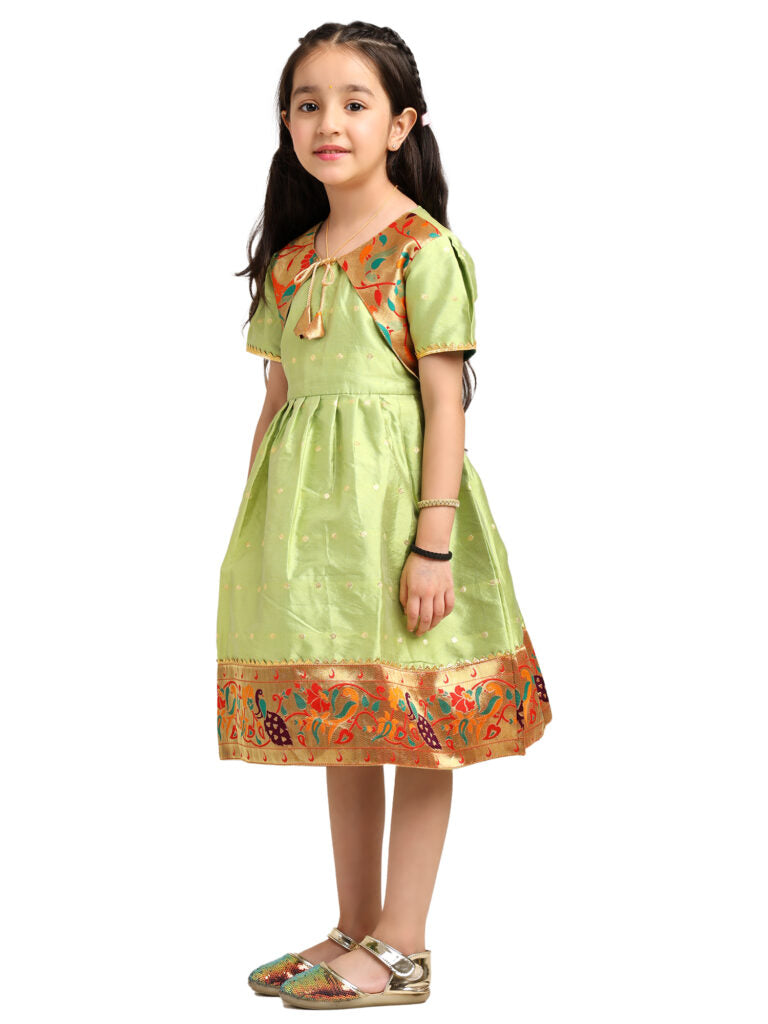 Paithani Baby Girl Frock – Parrot Silk with Golden Zari Border & Brocade Yoke – Indu Pattern