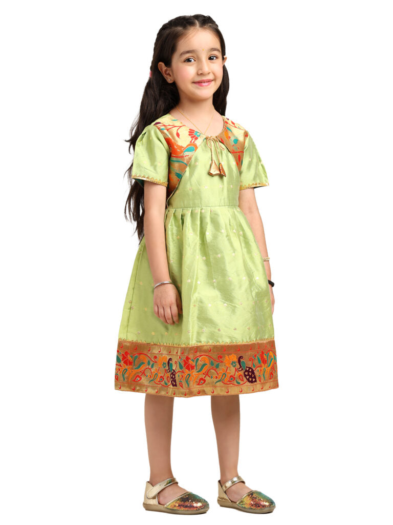 Paithani Baby Girl Frock – Parrot Silk with Golden Zari Border & Brocade Yoke – Indu Pattern