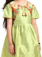 Paithani Baby Girl Frock – Parrot Silk with Golden Zari Border & Brocade Yoke – Indu Pattern