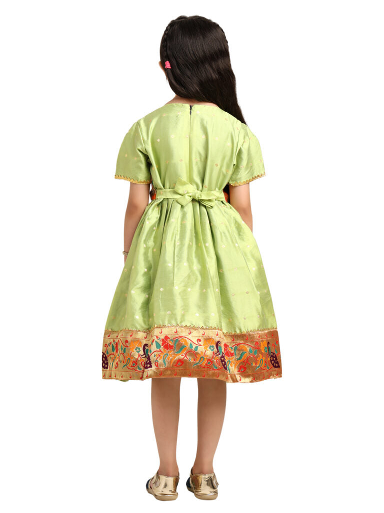 Paithani Baby Girl Frock – Parrot Silk with Golden Zari Border & Brocade Yoke – Indu Pattern