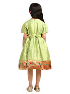 Paithani Baby Girl Frock – Parrot Silk with Golden Zari Border & Brocade Yoke – Indu Pattern