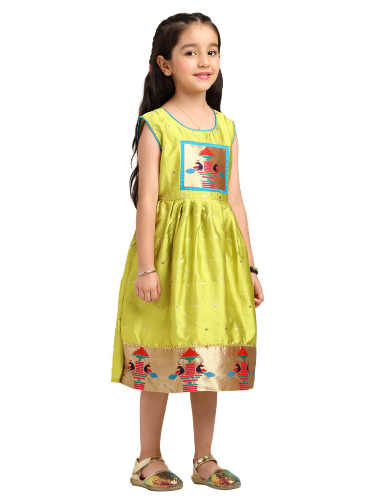 Paithani Baby Girl Frock – Mehndi Silk with Temple Motif & Zari Border – Diamond Pattern